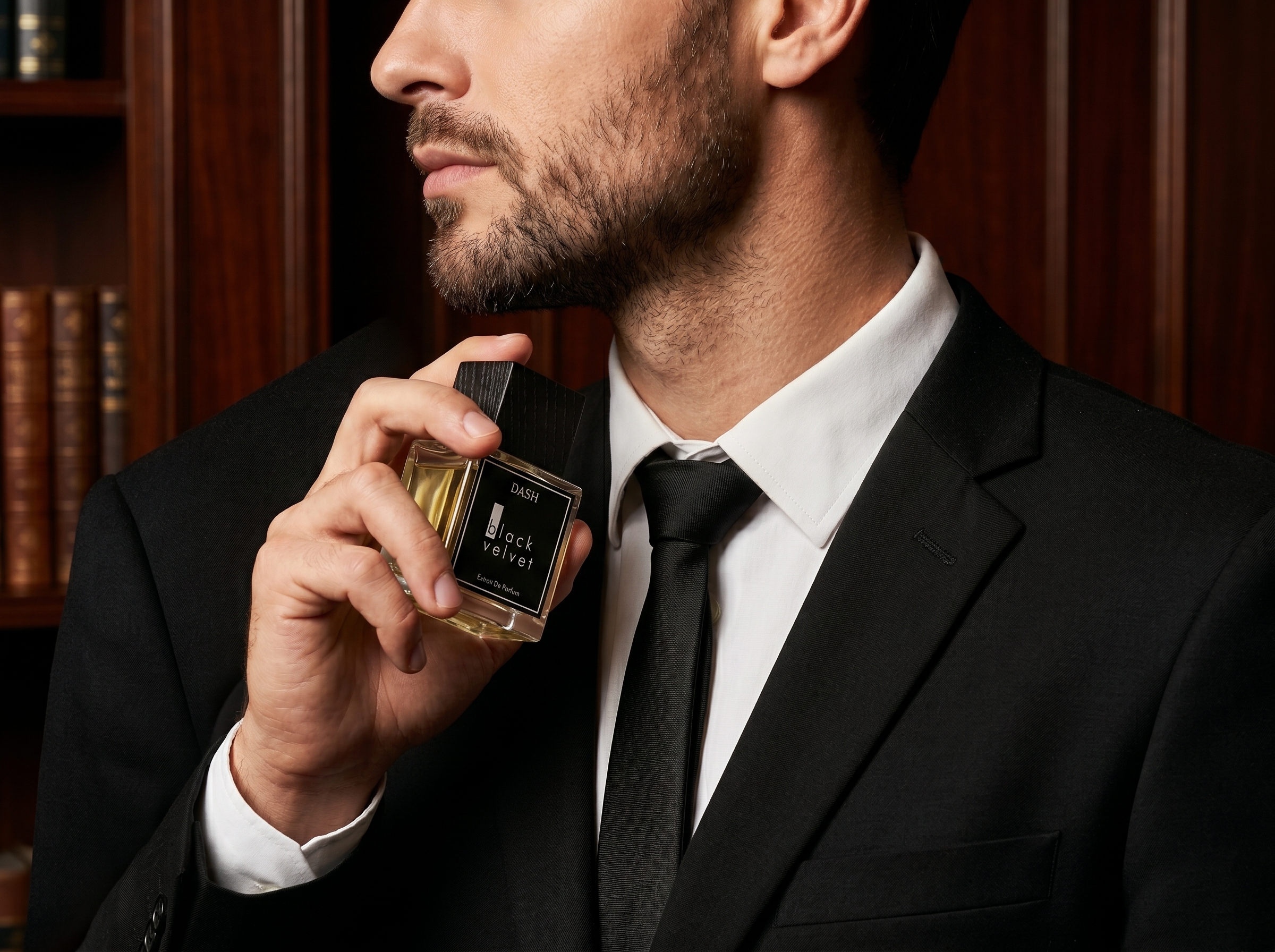 Handsome man in black outfit wearing perfume